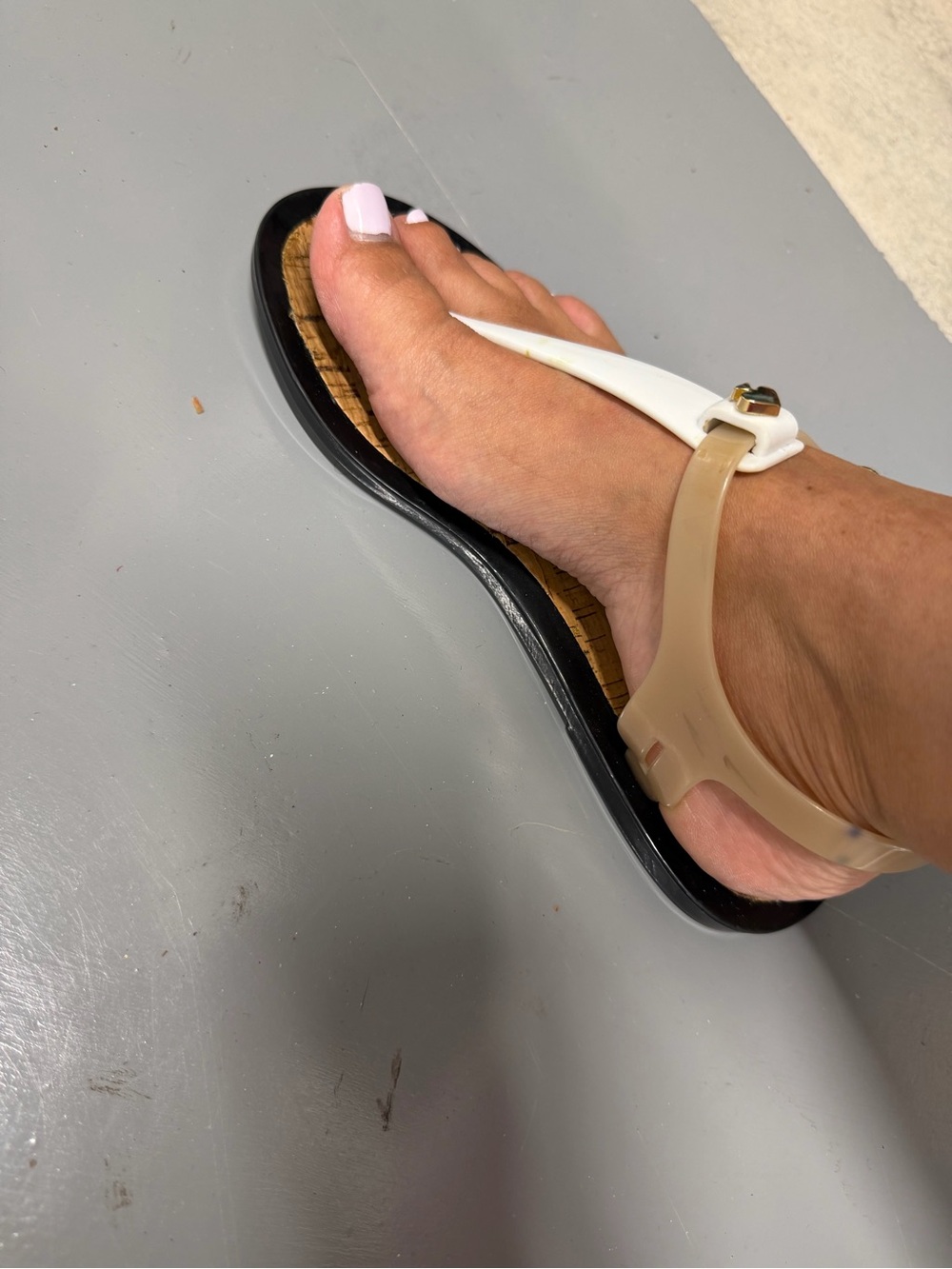 kate spade White and Nude T-Strap Sandal with Black Sole